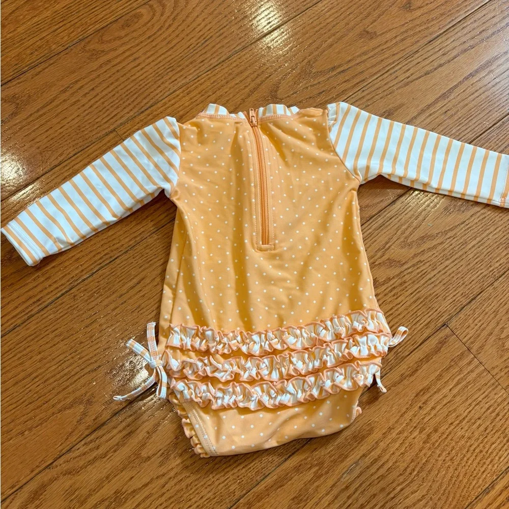 RuffleButts Orange Polka Dot Long Sleeve Rash Guard One-Piece Swimsuit 6-12M